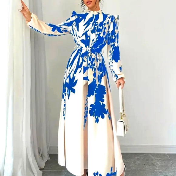 Nwt. Elegant Floral Print Longsleeve A-line Maxi Dress - Picture 1 of 6
